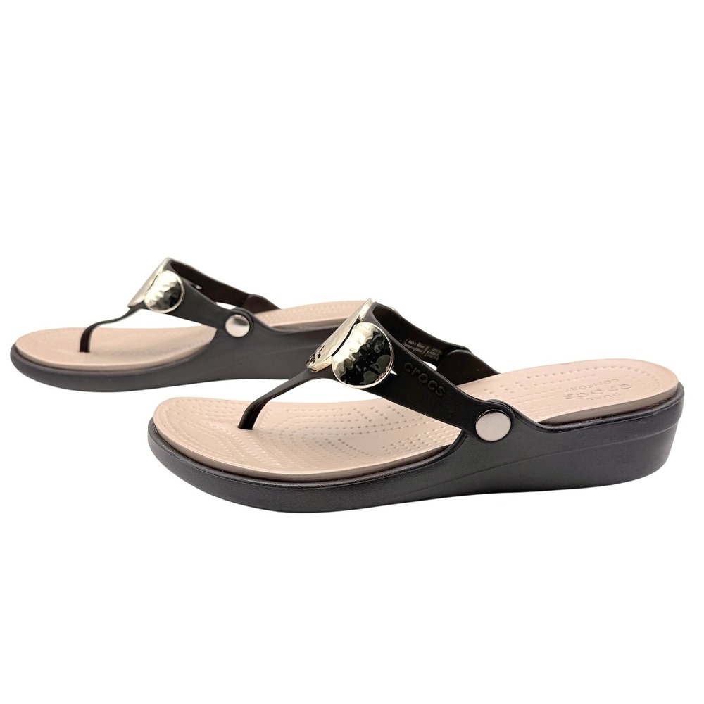 Crocs Sanrah Hammered Metallic Wedge Flip Brown Gold Womens 9 NWOT 204896